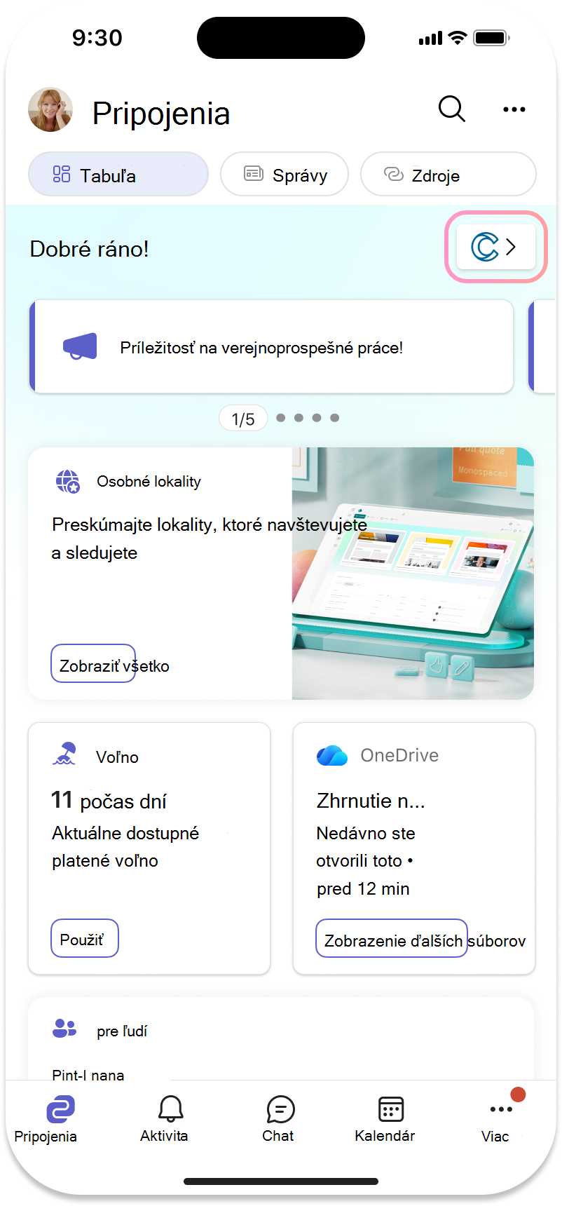 Snímka obrazovky s bublinou nad ikonou domovskej stránky organizácie.