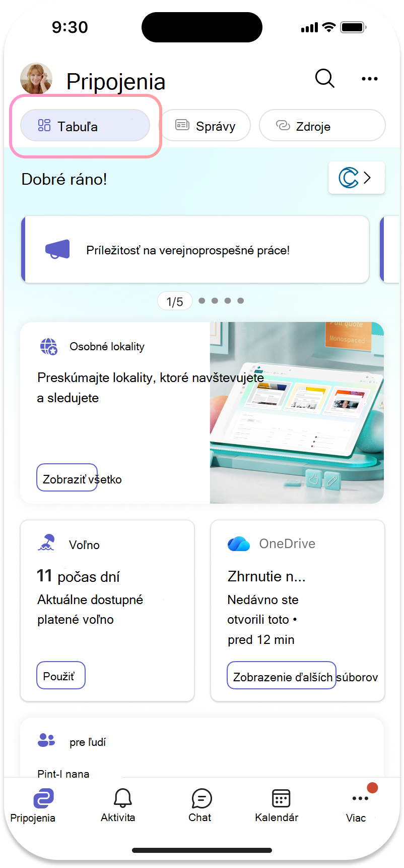 Snímka obrazovky s mobilnou tabuľou aplikácie Connections so zobrazeným oznámením.