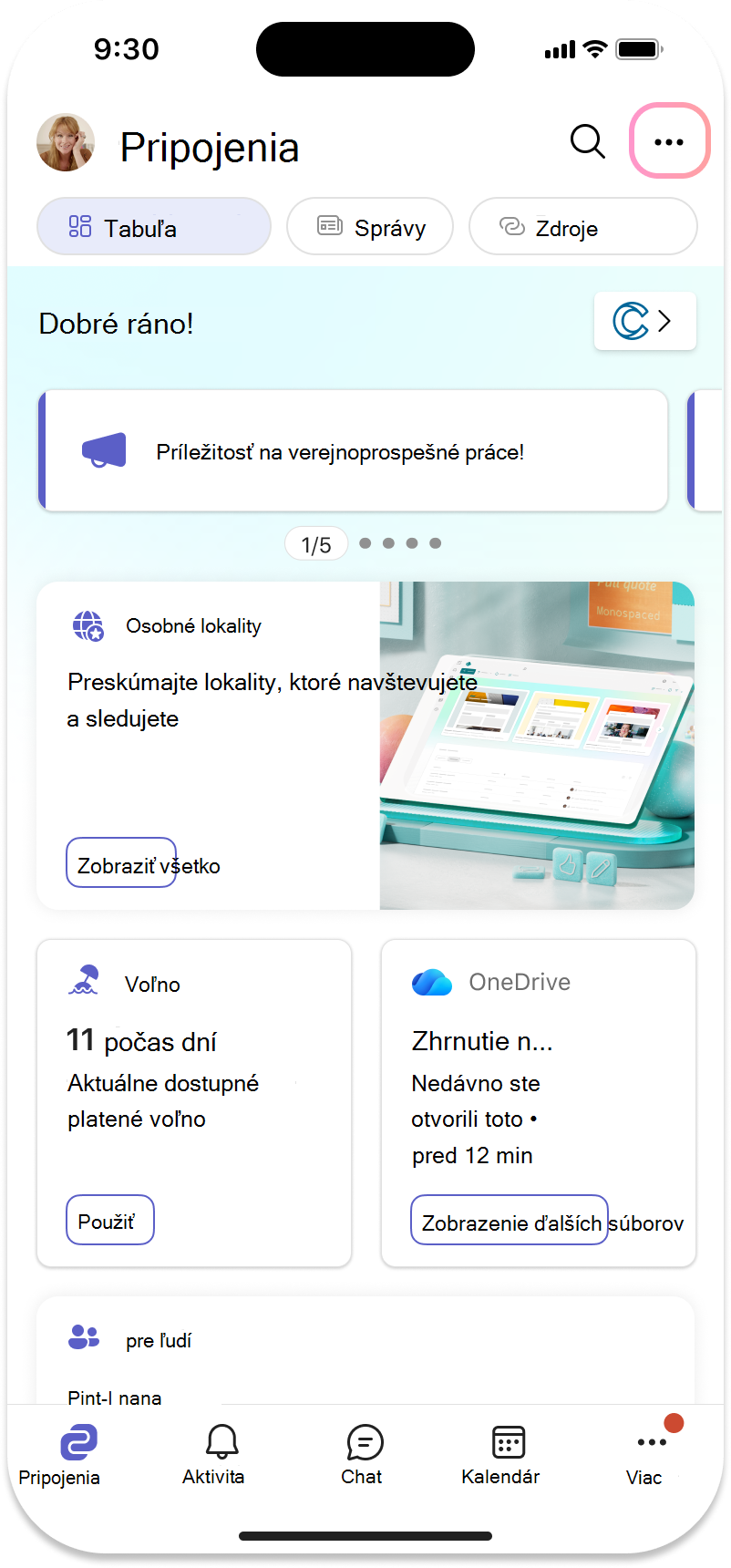 Snímka obrazovky zobrazujúca tri bodky so zvýraznenými ďalšími možnosťami v pravej hornej časti mobilného zariadenia.