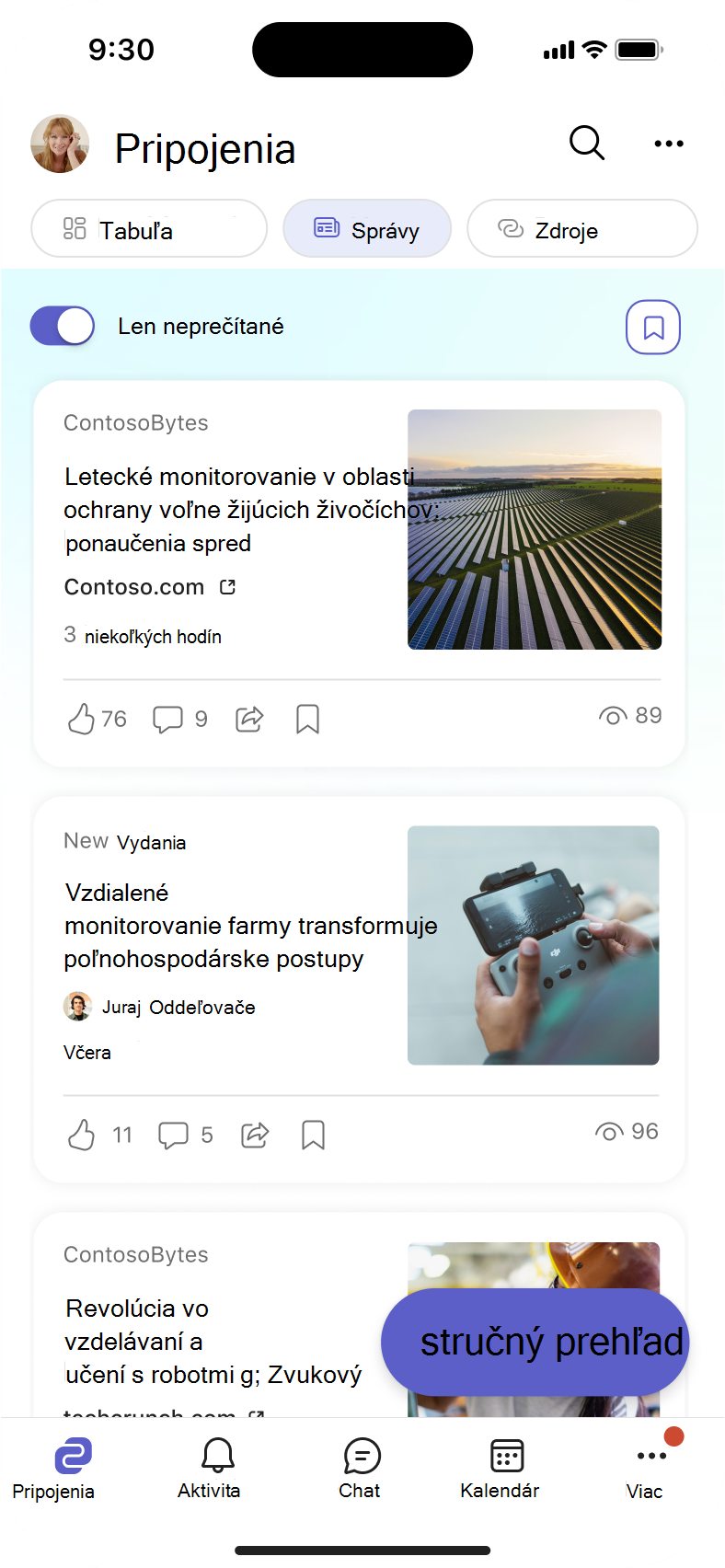Snímka obrazovky s kartou Čítačka správ v mobilnom zariadení.