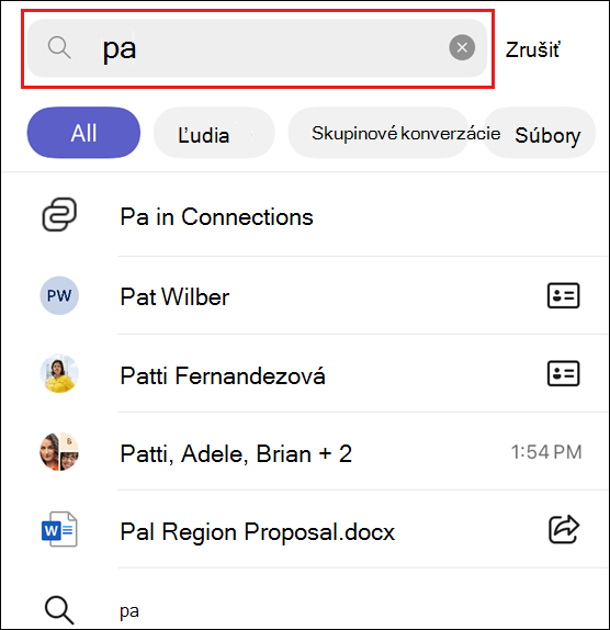 Snímka obrazovky s výsledkami hľadania v mobilnej aplikácii Connections.