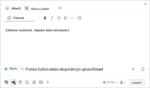 Snímka obrazovky zobrazujúca, kde je služba Moje tímy prezentovaná v oznámení nového scenára