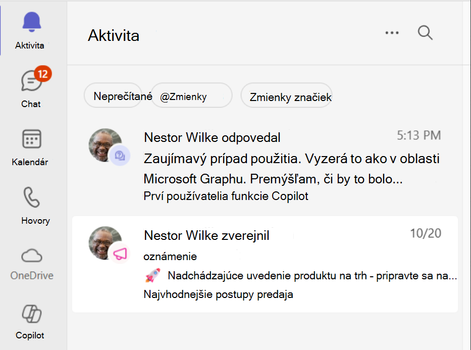 Snímka obrazovky znázorňujúca obsah komunity v informačnom kanáli aktivity v Teams