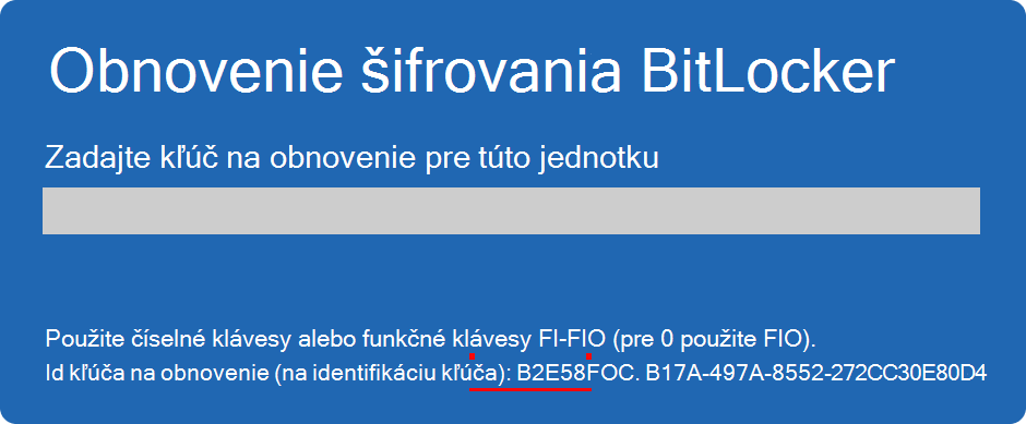 Snímka obrazovky obnovenia šifrovania BitLocker so zvýrazneným ID kľúča.