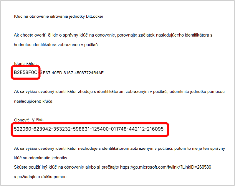 Snímka obrazovky s výtlačkom kľúča na obnovenie pre šifrovanie BitLocker.