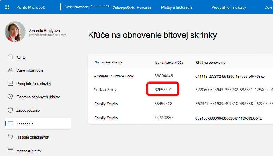 Snímka obrazovky s kľúčmi na obnovenie pre šifrovanie BitLocker pre konto Microsoft.