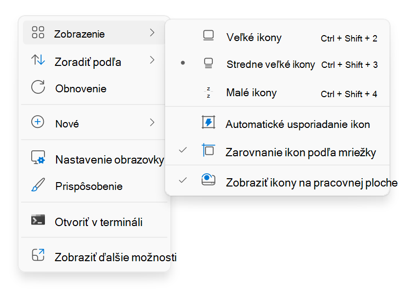 Snímka obrazovky s kontextovou ponukou na pracovnej ploche, ktorá sa zobrazí po kliknutí pravým tlačidlom myši.
