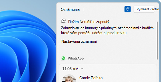 Snímka obrazovky s režimom Nerušiť v centre oznámení.