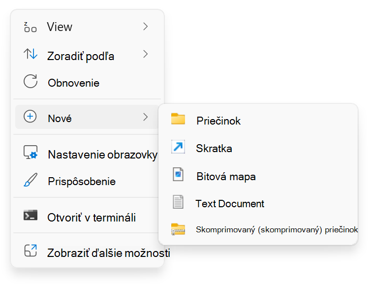 Snímka obrazovky s kliknutím > pravým tlačidlom myši na položku Nový.