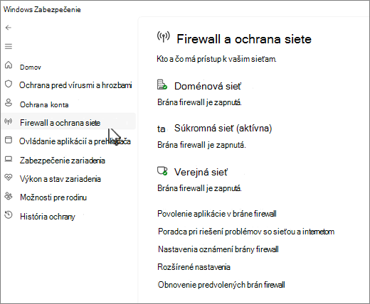 Snímka obrazovky so stránkou brány firewall a ochrany siete v aplikácii Windows Zabezpečenie.