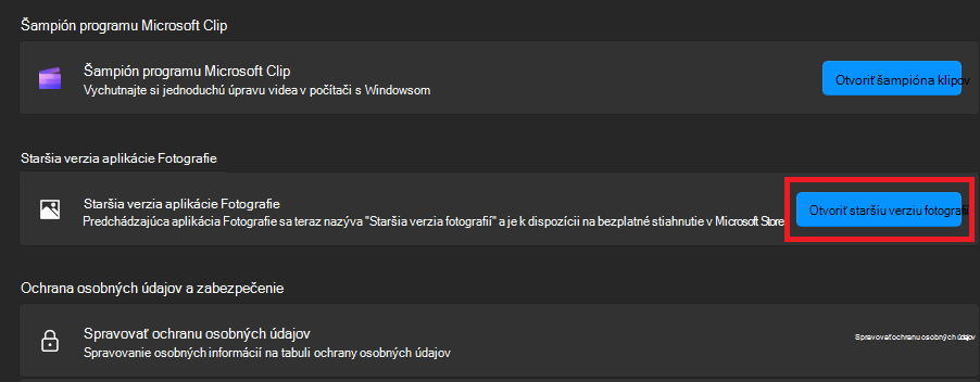 Kliknite na položku Otvoriť staršiu verziu aplikácie Fotografie