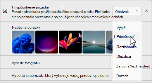 Snímka obrazovky s výberom prispôsobenia pracovnej plochy vhodnému obrázku.