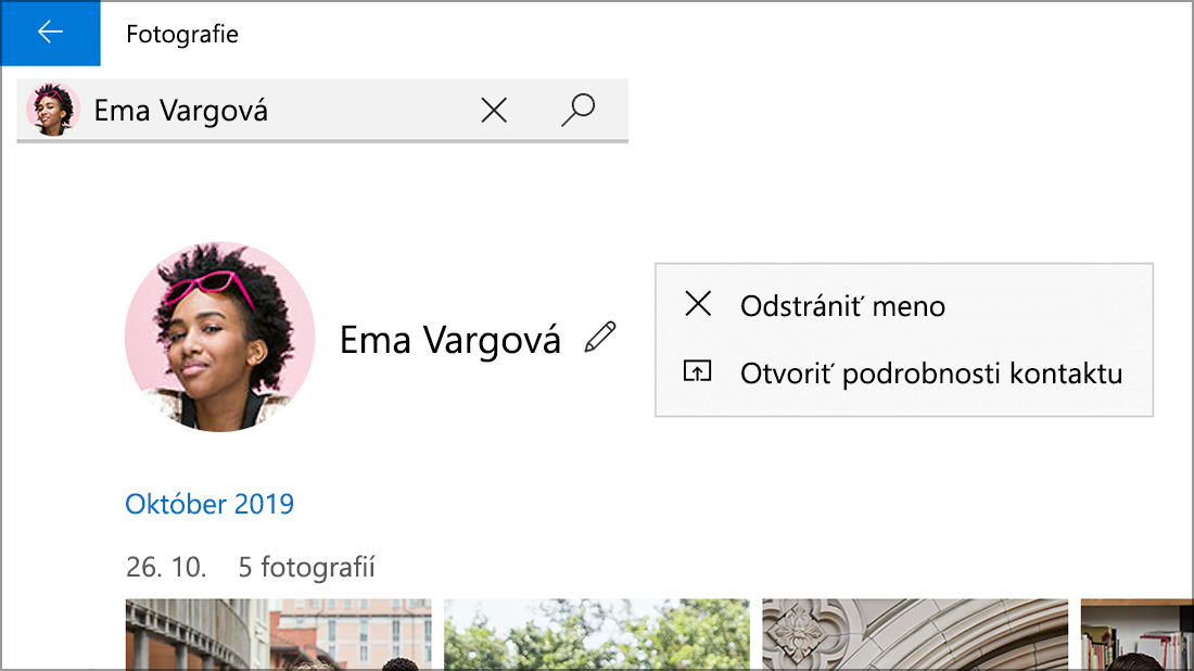 Snímka obrazovky s kontaktom a zobrazením možnosti Odstrániť meno.
