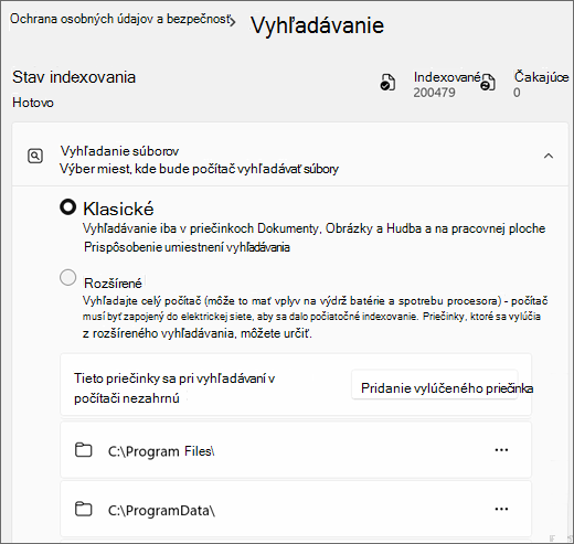 Snímka obrazovky zobrazujúca nastavenia služby Windows Search.
