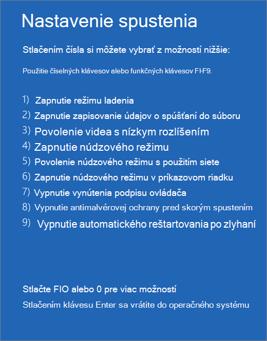 Snímka obrazovky so zoznamom nastavení spustenia.