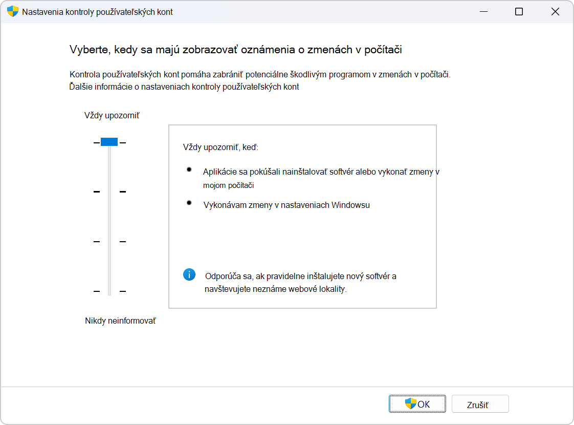 Screenshot of the settings to configure UAC.