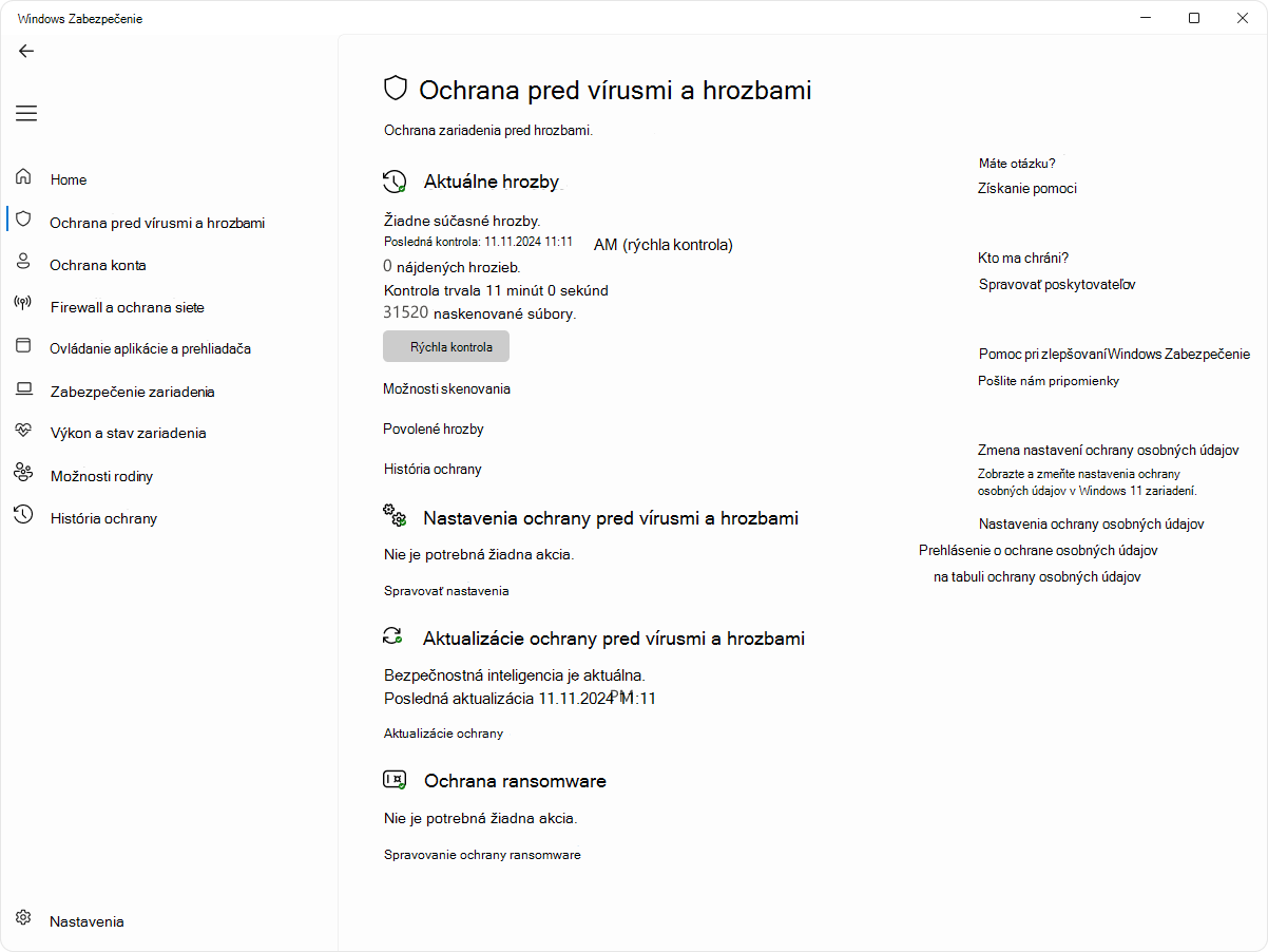 Snímka obrazovky so stránkou na ochranu pred vírusmi a hrozbami v aplikácii Windows Zabezpečenie.