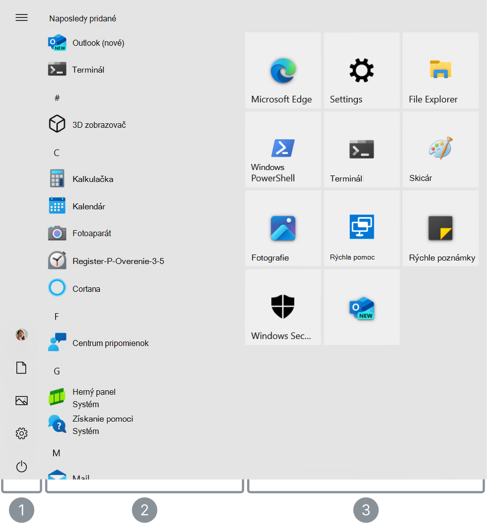 snímka obrazovky s ponukou Štart Windows 10 so zvýraznenými 3 hlavnými oblasťami.