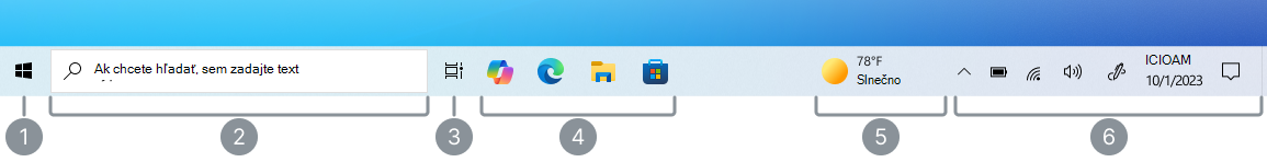 Snímka obrazovky Windows 10 panela úloh s označením jednotlivých sekcií.