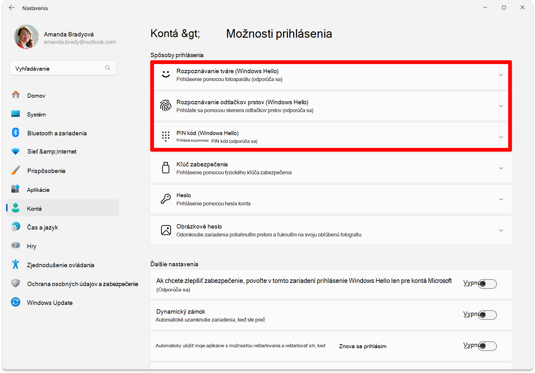 Screenshot of Settings - Options to configure Windows Hello.