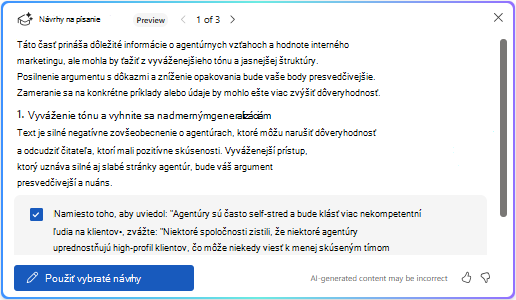 Možnosť Použiť vybraté návrhy v Copilote vo Word