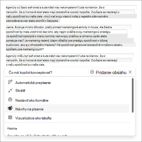 Možnosť návrhov písania v Copilote vo Word