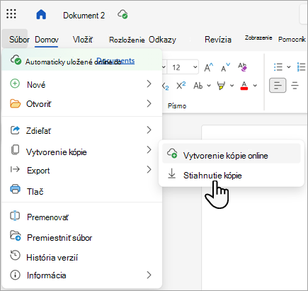 Snímka obrazovky zobrazujúca príkaz Stiahnuť kópiu vo Worde pre web.