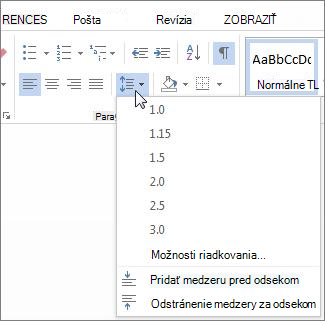 Obrazovka Riadkovanie a medzery medzi odsekmi