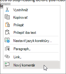 Kontextová ponuka Wordu pre web s vybratou položkou Nový komentár
