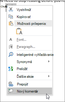 Výber položky Nový komentár v kontextovej ponuke