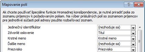 Dialógové okno Mapovanie polí