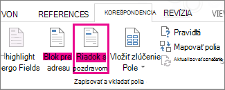 Snímka obrazovky s kartou Korešpondencia vo Worde zobrazujúca zvýraznený príkaz Riadok s pozdravom.