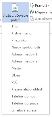 Vložiť zlučovacie pole – ponuka dostupných polí
