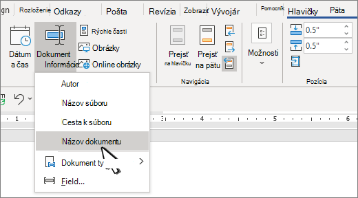 Pás s nástrojmi hlavičky so zvýraznenou položkou Informácie o dokumente