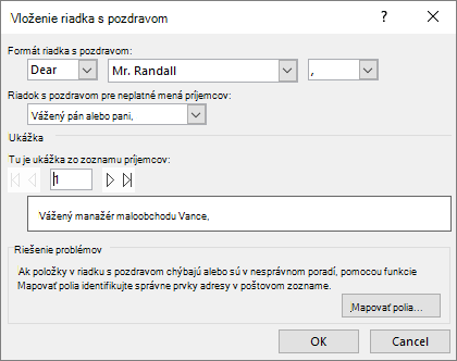 Dialógové okno Riadok s pozdravom