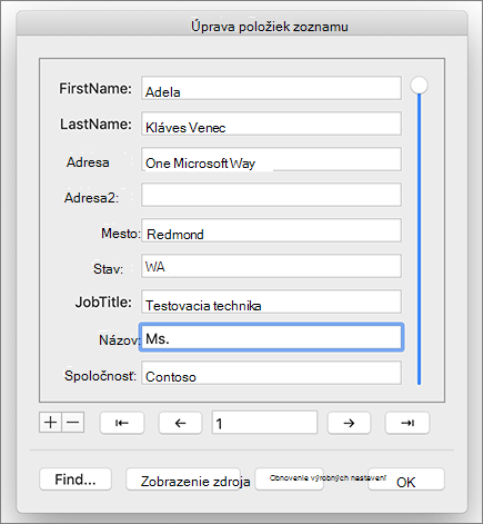 Dialógové okno Úprava príjemcov