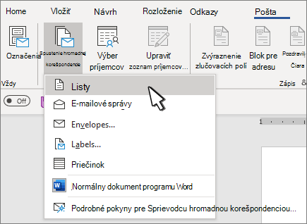 Ponuka Štart hromadnej korešpondencie s vybratou položkou Listy
