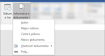 Snímka obrazovky s tlačidlami Informácie o dokumente a Dátum & čas na páse s nástrojmi Word