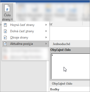 Snímka obrazovky zobrazujúca výber čísla strany v obyčajnom formáte na aktuálnej pozícii v dokumente