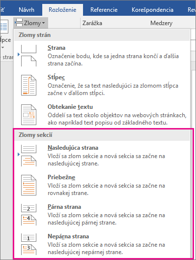 Typy zlomov sekcie zvýraznené na karte Rozloženie.