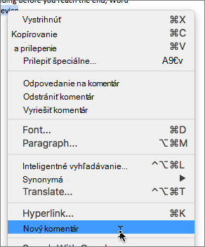 Kontextová ponuka Wordu pre Mac s vybratou položkou Nový komentár