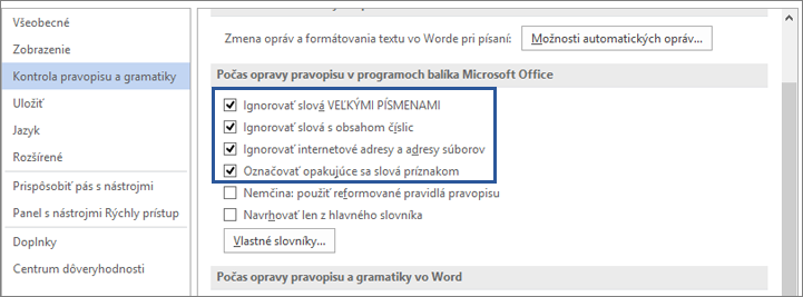 Možnosti na ignorovanie slov počas opravy pravopisu