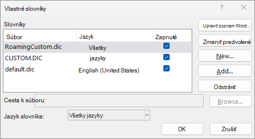 Dialógové okno Vlastný slovník