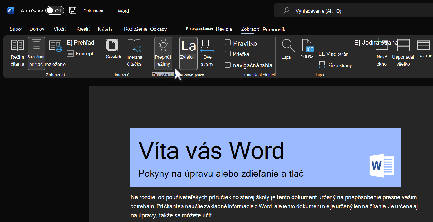 Prepínanie režimov pre funkciu tmavého režimu.