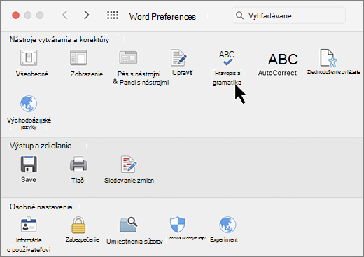 Dialógové okno predvolieb Macu s vybratou položkou Pravopis