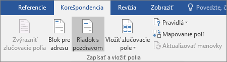 V rámci Word hromadnej korešpondencie na karte Korešpondencia v skupine Zapísať & Vložiť polia vyberte položku Riadok s pozdravom.