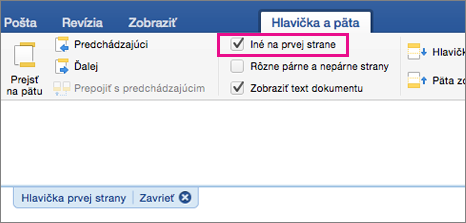 Na karte Hlavička&päta je zvýraznené nastavenie Iné na prvej strane.
