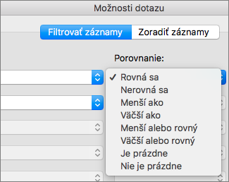Kliknite na možnosti Porovnanie, ktoré chcete nastaviť.