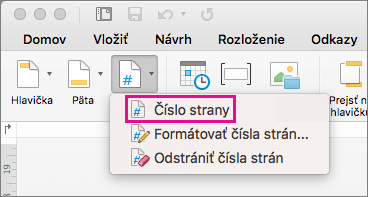Na karte Hlavička & päta kliknite v ponuke Číslo strany na položku Číslo strany a pridajte číslo strany.