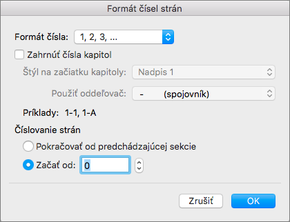 Vyberte štýl číslovania a začiatočné číslo v okne Formát čísiel strán.